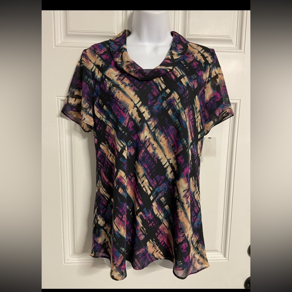 T22- LAUREN M. Petites MultiColor Abstract Collared Top